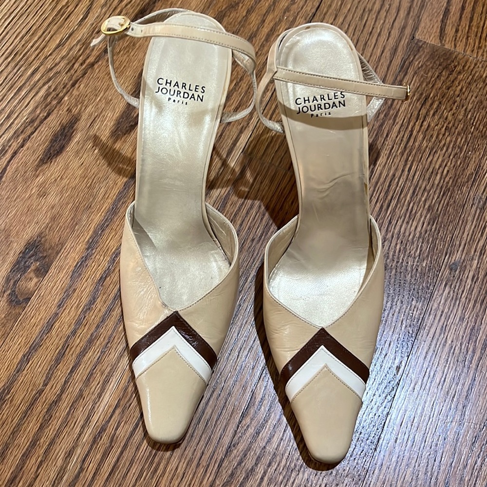 Charles Jourdan ankle strap leather vintage heels. About 3 1/2” heel. Size 8 1/2
